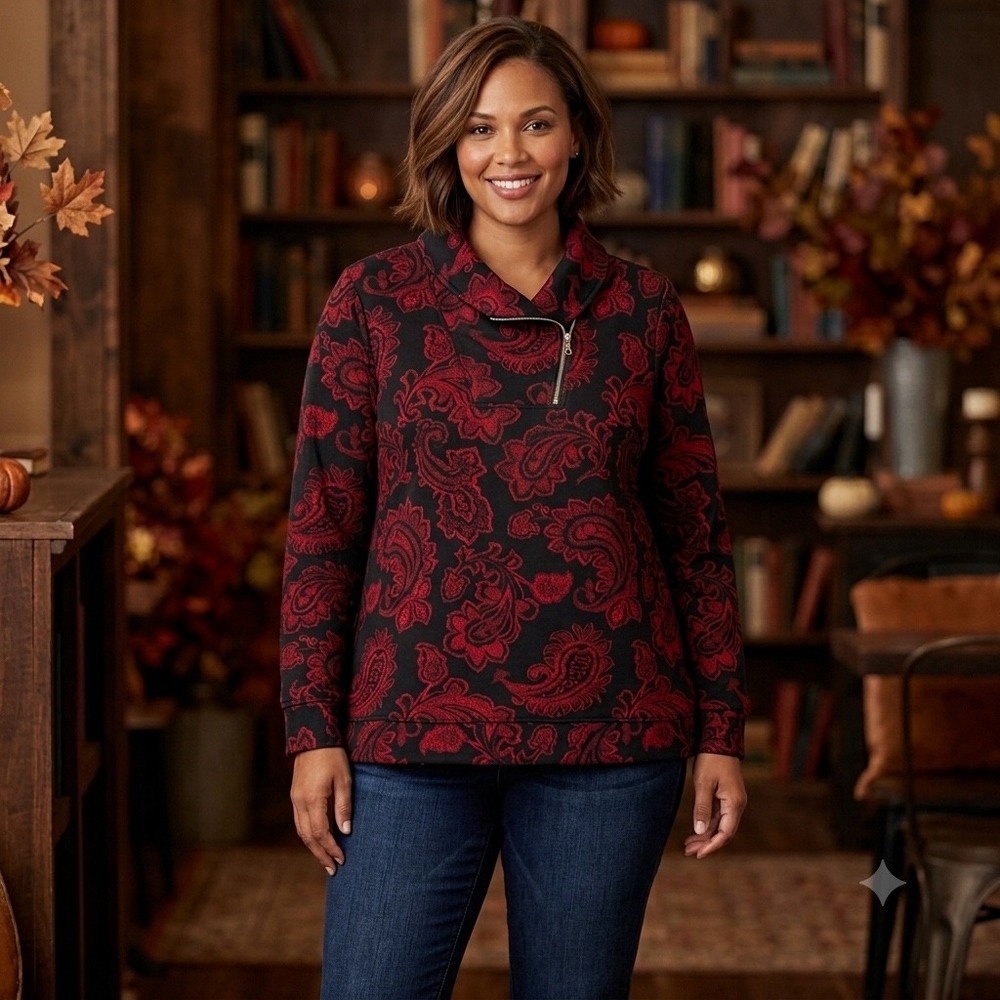 Croft & Barrow Sweatshirt Wms 1X Red Paisley Quarter Zip Pullover Classic Cozy